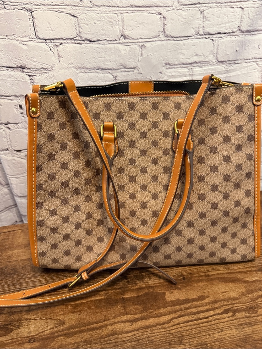 Tan and Brown Patterned Tote with Tan Trim